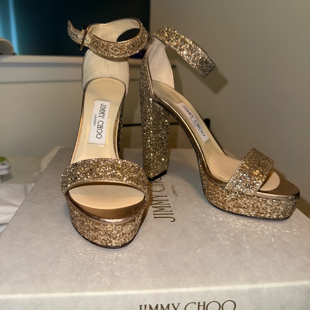 Jimmy Choo Gold Glitter Heels with Ankle Strap
